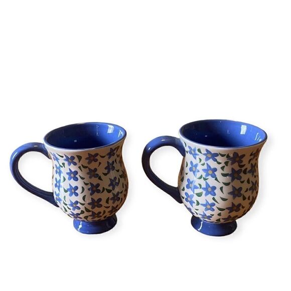 2 Steinberg Designs LLC Coffee Tea Mug w Pedestal Base in Blue With Florals - Picture 2 of 9